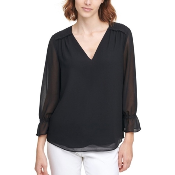Calvin Klein black pull over casual relaxed poet sleeves top blouse Sz L - Picture 1 of 9